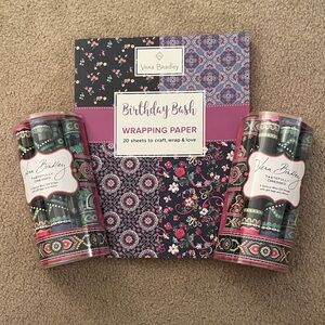 Vera Bradley Birthday Bash Wrapping Paper & Wine Gift Wraps With Tags & Ribbon